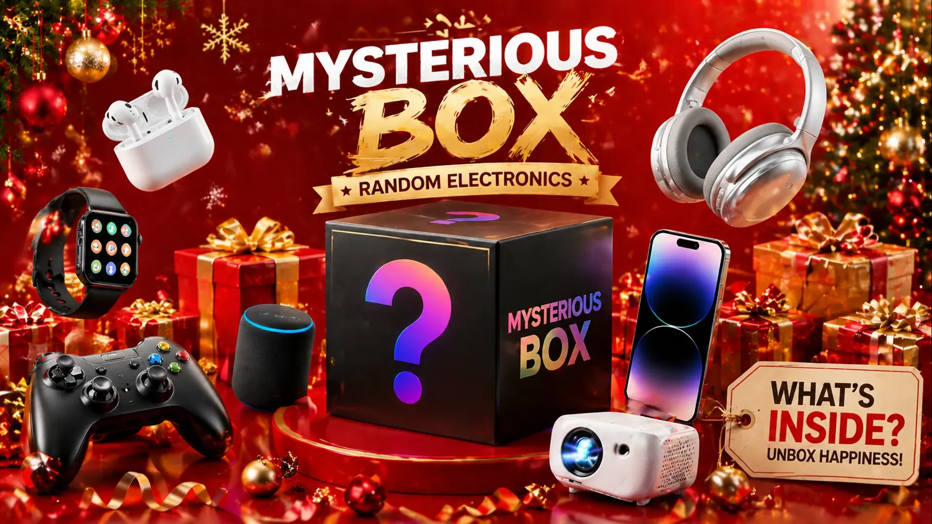 Festive red electronics mystery box illustration