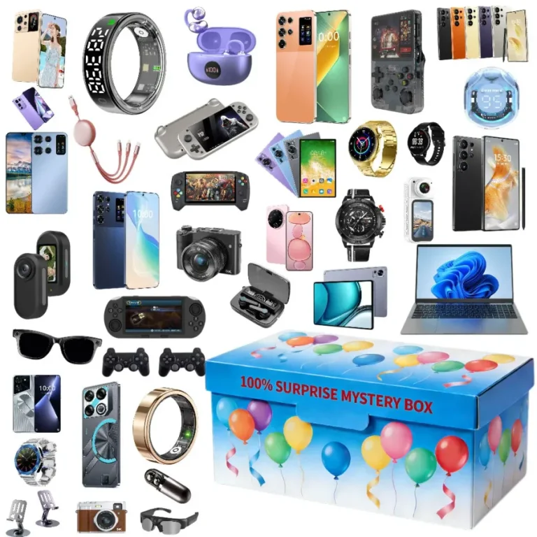 Birthday electronics mystery box with six tested items and balloons