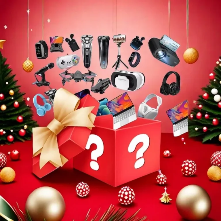 Christmas electronics mystery box with ten tested items under a tree