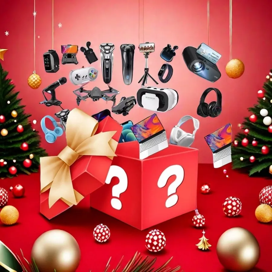 Christmas electronics mystery box with ten tested items under a tree