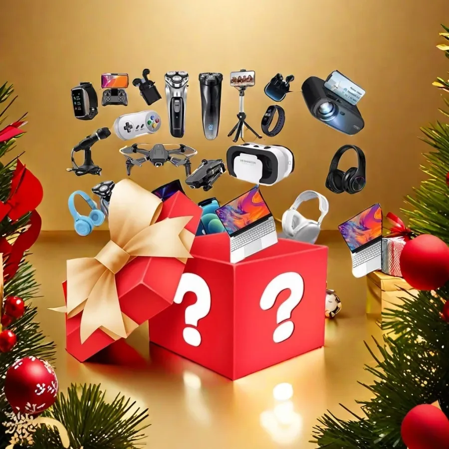 Christmas electronics mystery box with six tested items and tech gifts