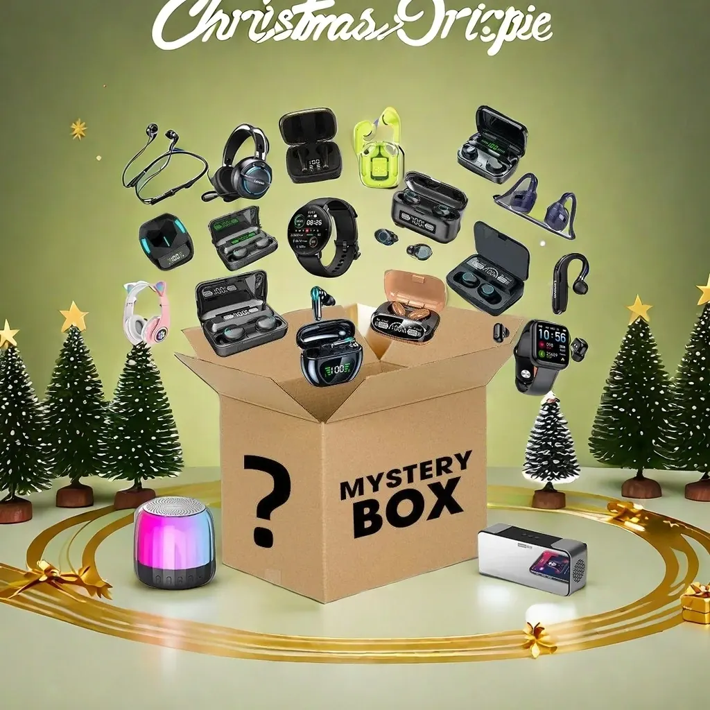 Earbuds and small electronics accessories beside Christmas trees
