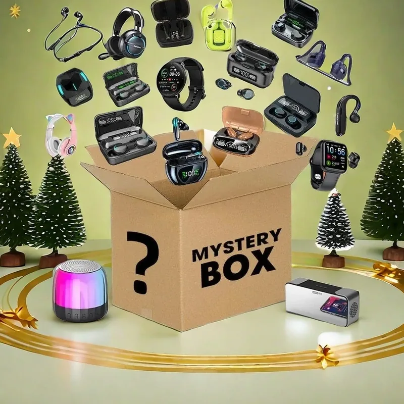 Christmas mystery box with earbuds, a smartwatch and a small speaker beside miniature trees