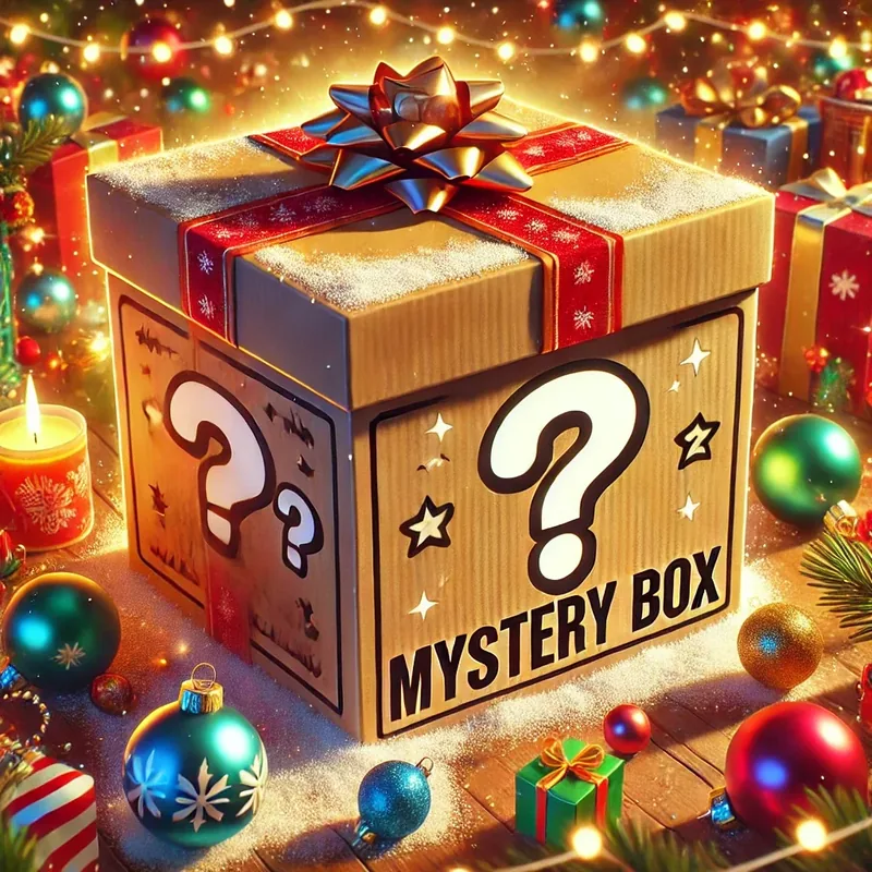 Kraft Christmas mystery box carton with a gold bow among ornaments