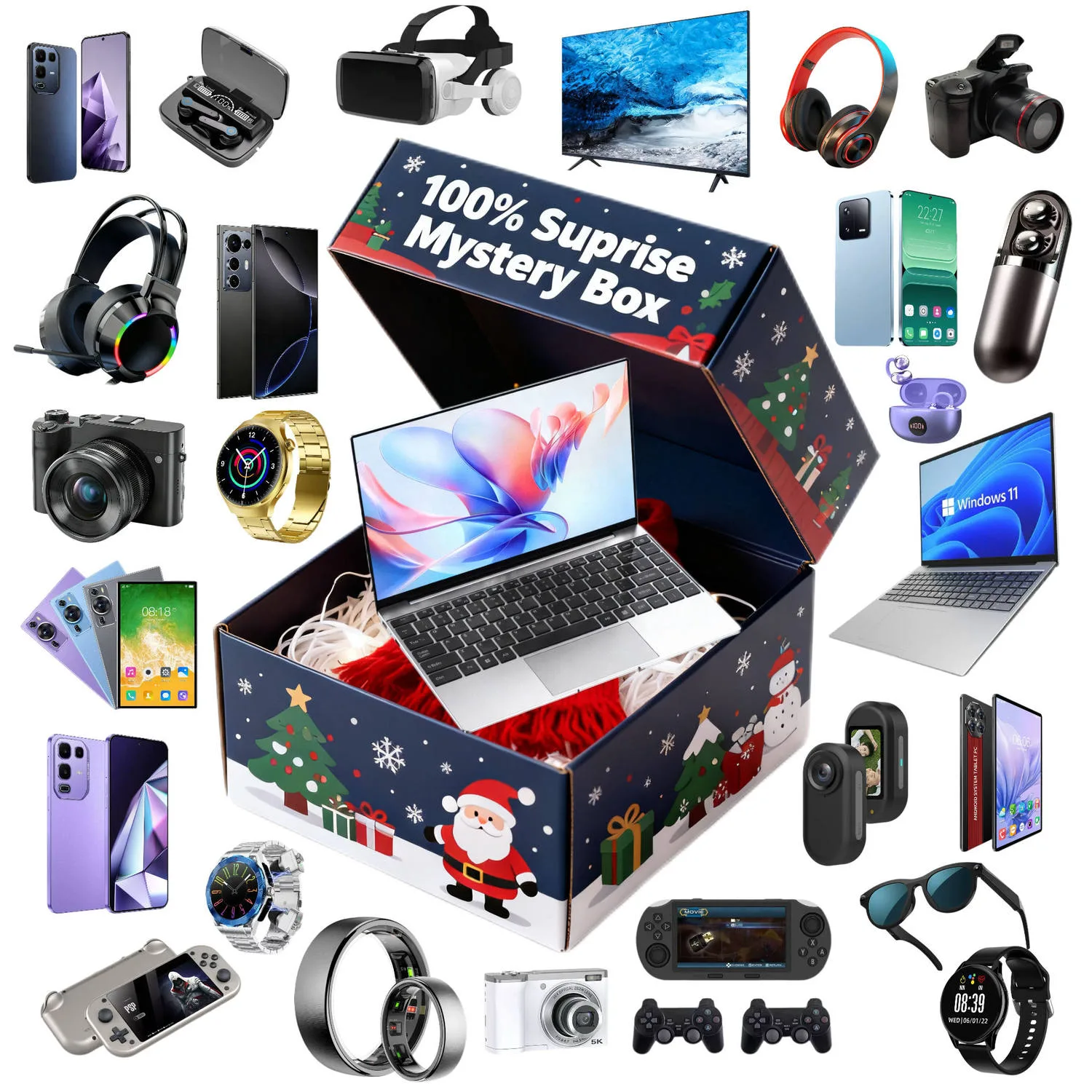 Christmas mystery box opened beside a laptop
