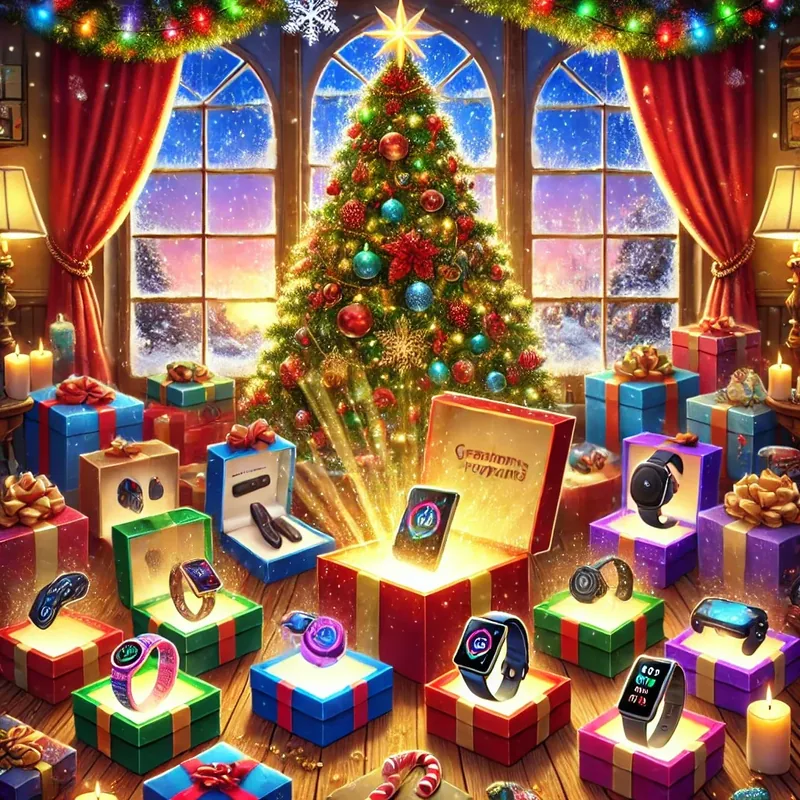 Christmas mystery box opened under the tree revealing smartwatches and earbuds
