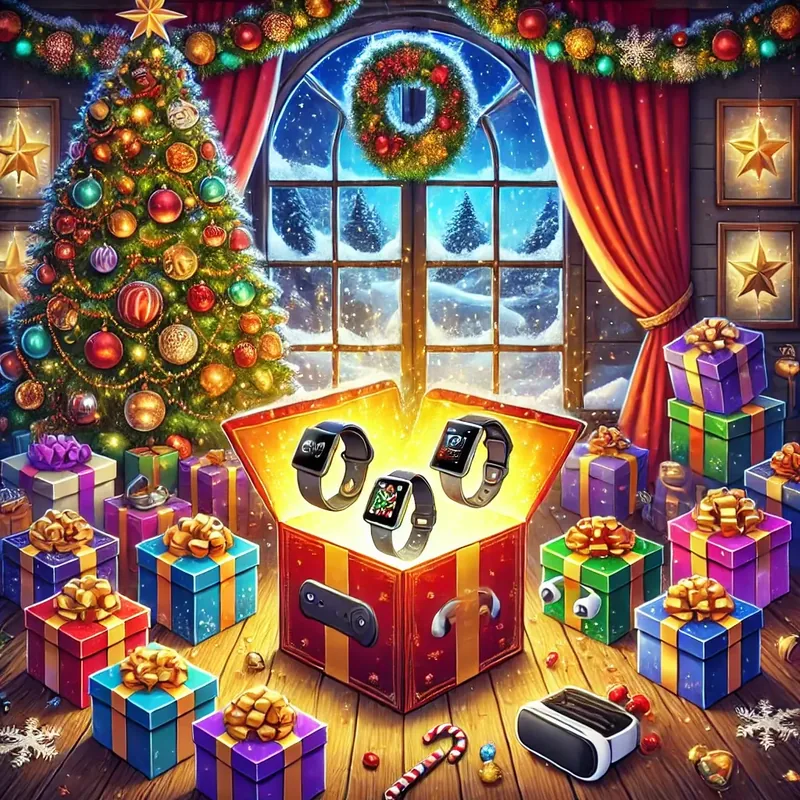 Christmas mystery box glowing by a snowy window with smartwatches and earbuds inside