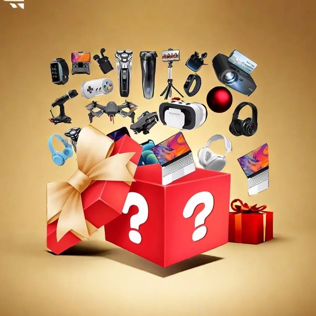 Neutral toned Christmas surprise box with electronics as a gift