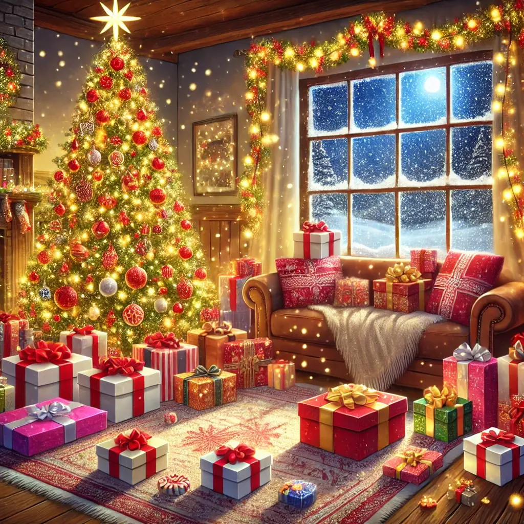 Wrapped surprise boxes among Christmas gifts in a living room