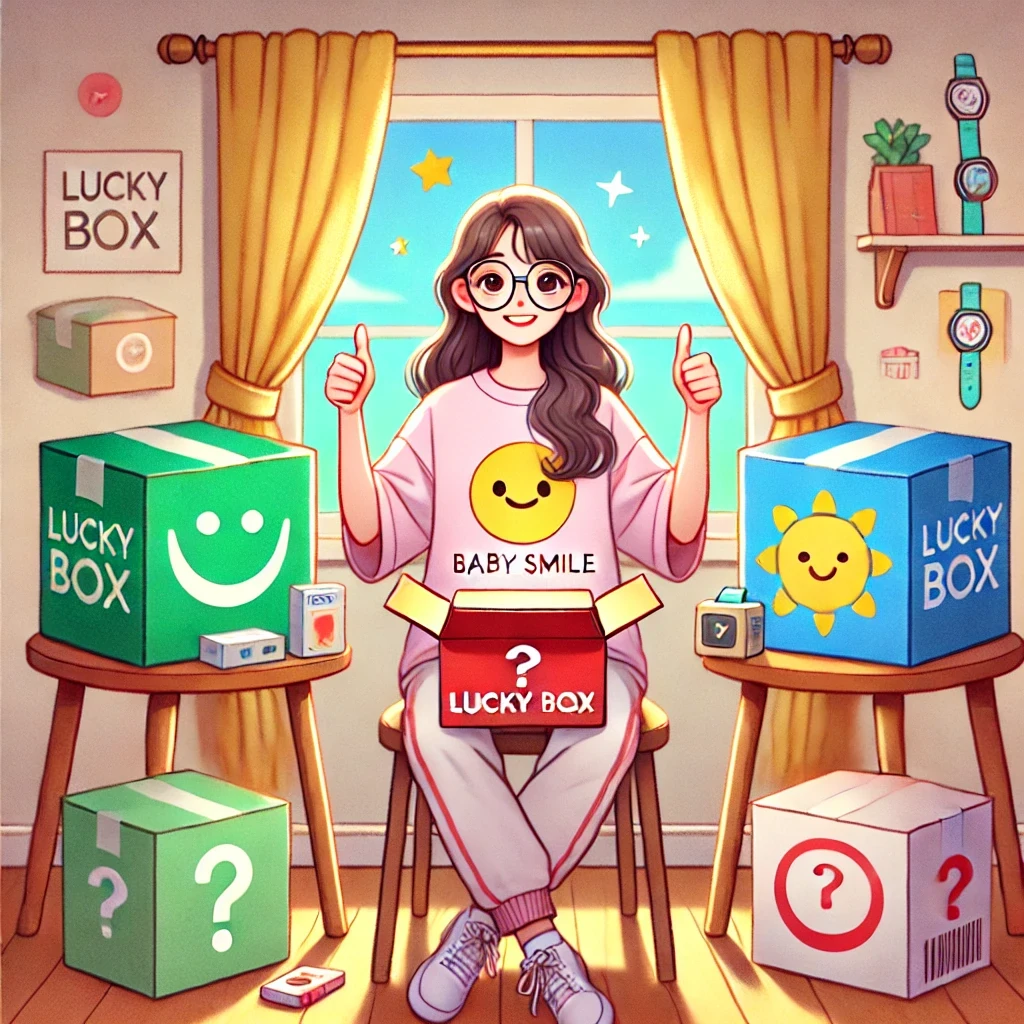 Illustrated collector at home surrounded by lucky boxes and small figures