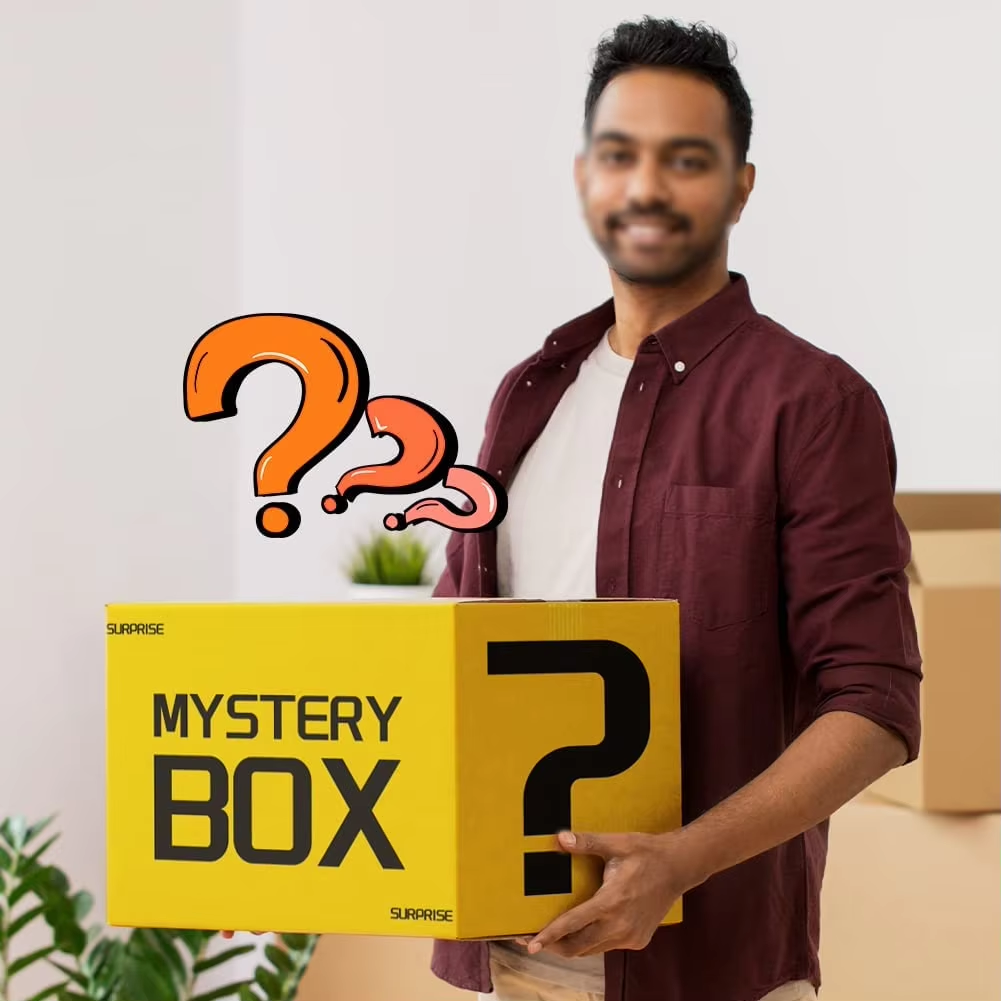 Courier handing a yellow mystery box carton to a customer at the door