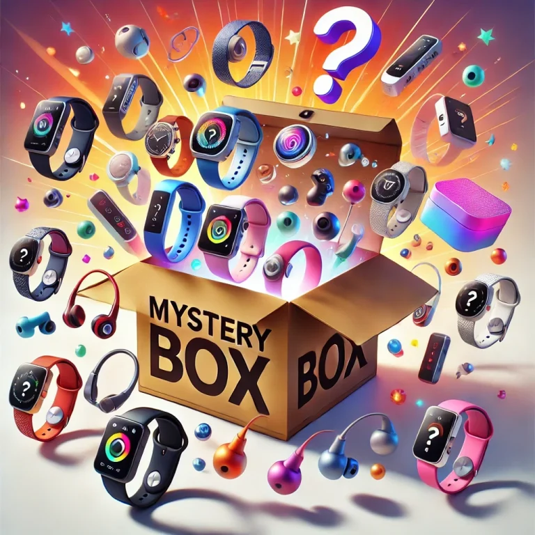 earbuds and smartwatch in kraft mystery box