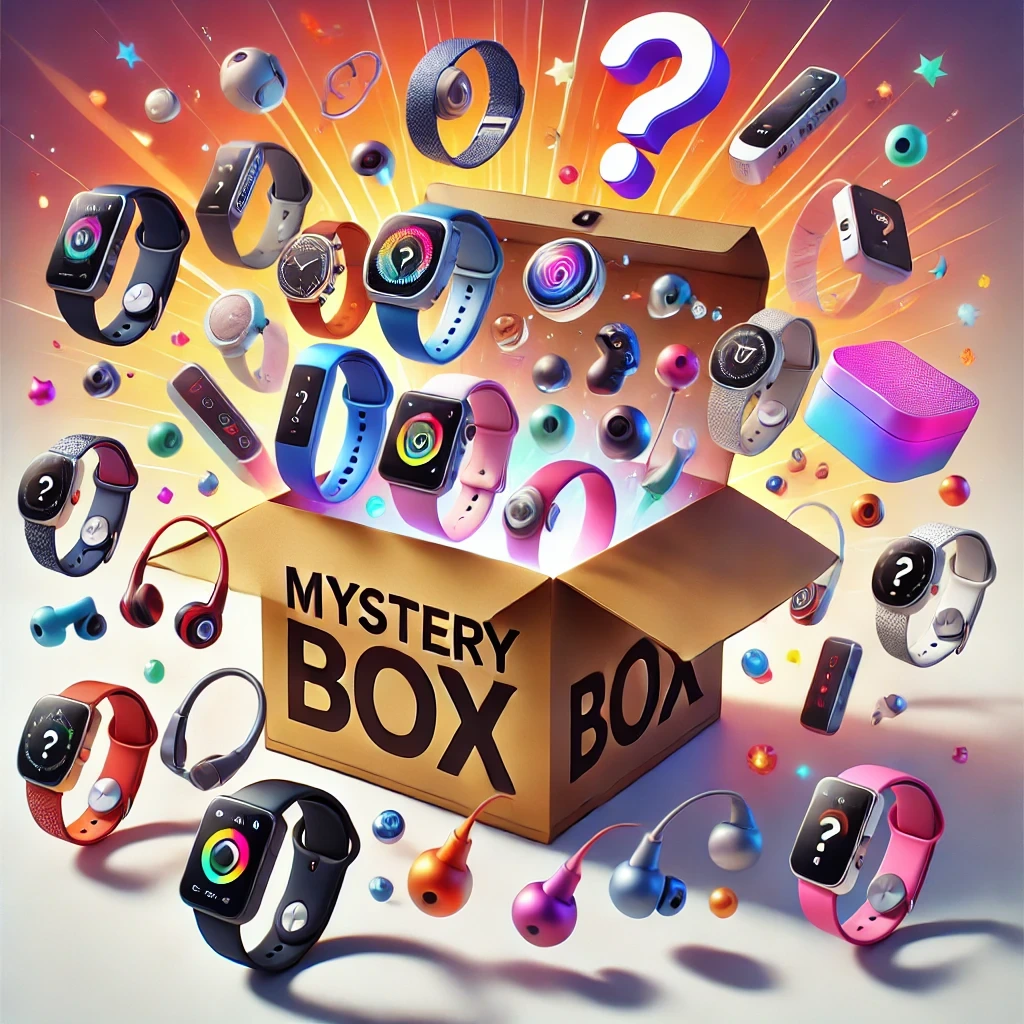earbuds and smartwatch in kraft mystery box