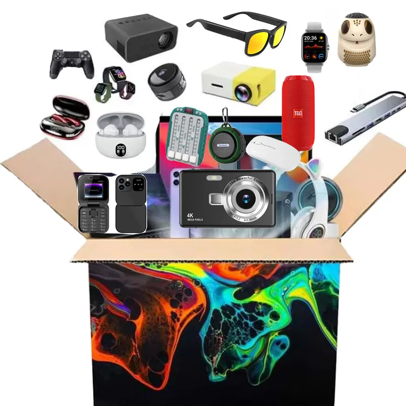 Open electronics mystery box carton with gadgets