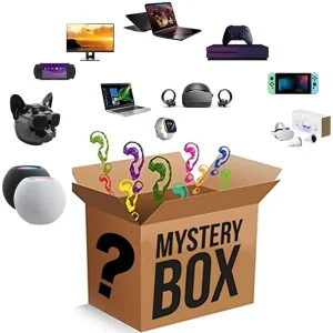 Electronics mystery box with monitor, laptop, headphones and game controller