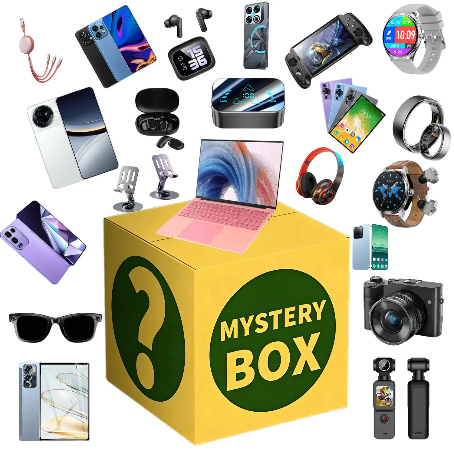 Yellow electronics mystery box cube