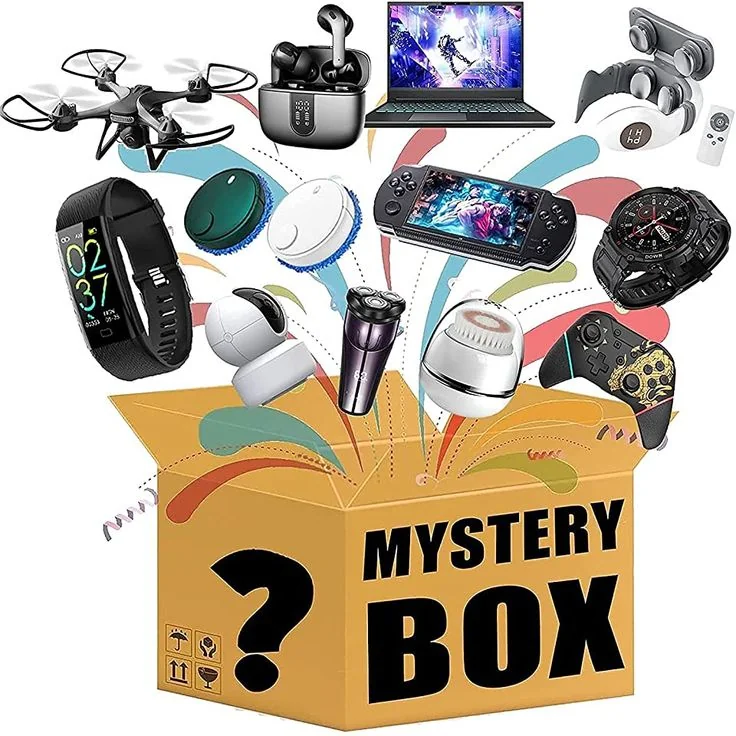 Gadget mystery box with a drone, earbuds and handheld console