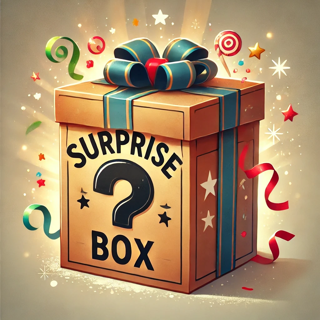 Kraft surprise box tied with a blue ribbon