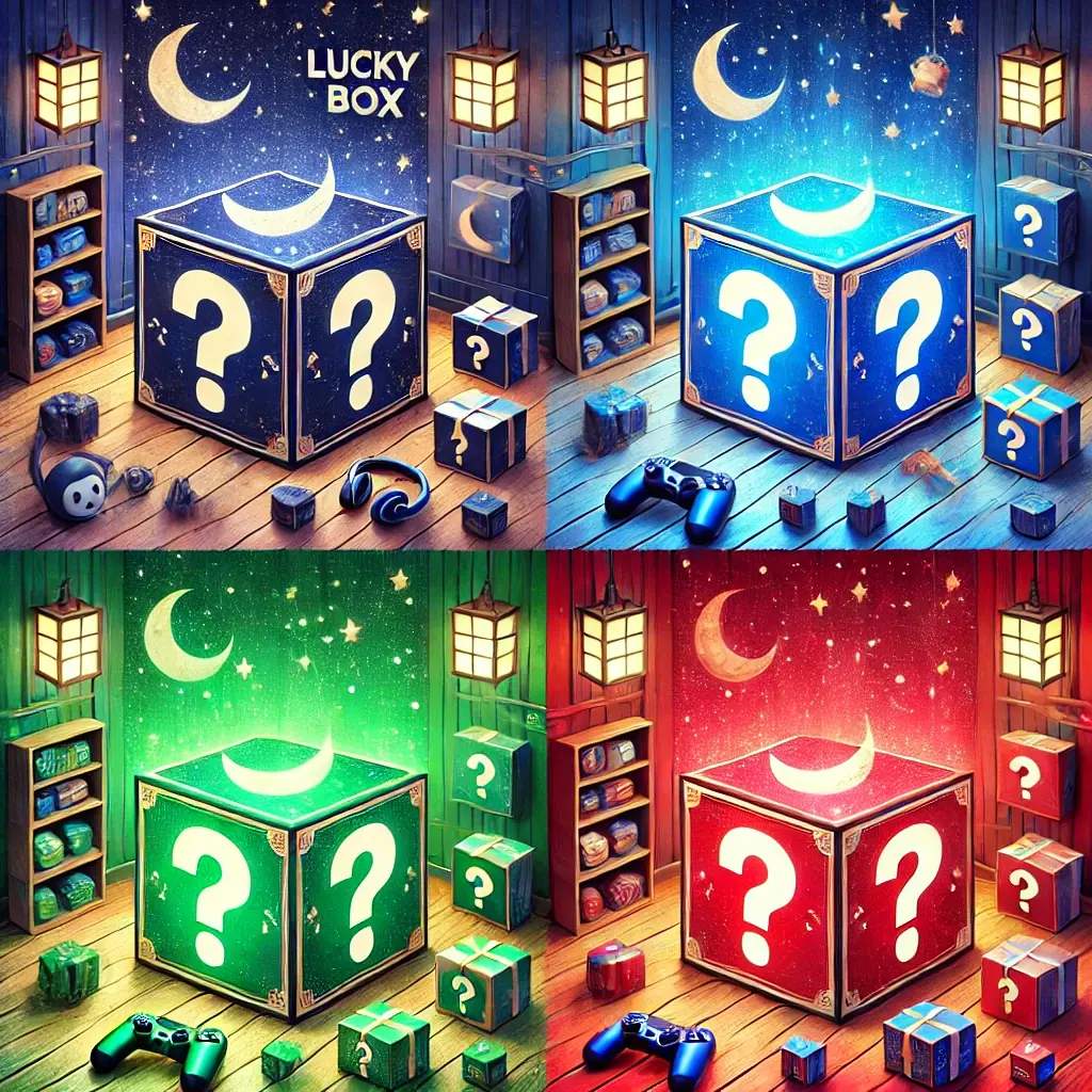 Four lucky boxes in coordinated colours with a moon motif