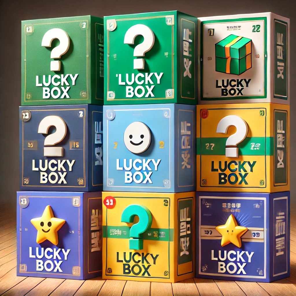 Grid of lucky box packages in different colours stacked on a table
