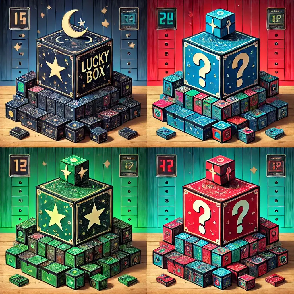 Pyramid of lucky boxes in assorted colours stacked against a wall