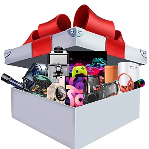 Luxury electronics mystery box gift with ribbon and premium gadgets