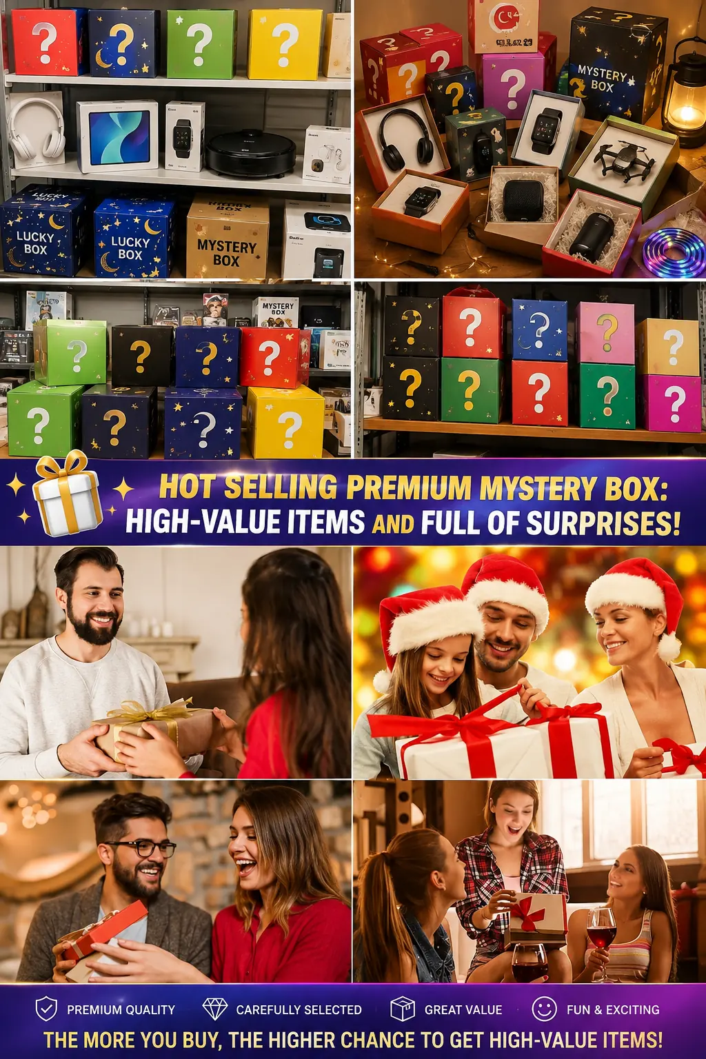 Collage of premium mystery box promotion with gift-giving scenes and colourful boxes