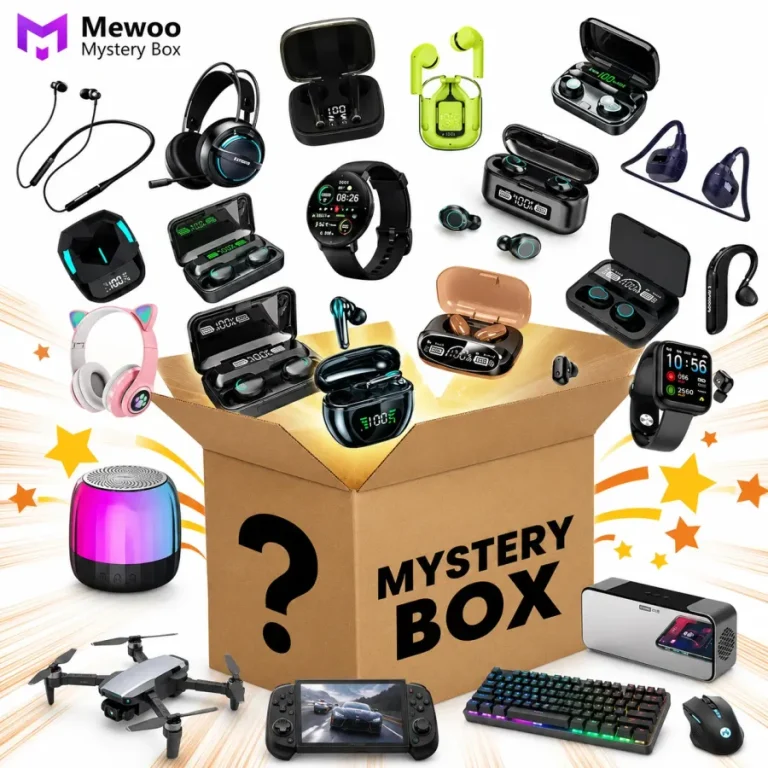 Mewoo electronics mystery box with four tested items and earbuds