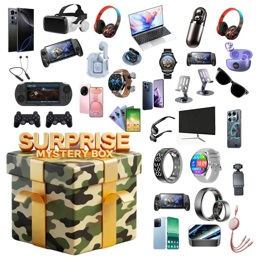 Men's electronics mystery box in camo styling with tech items