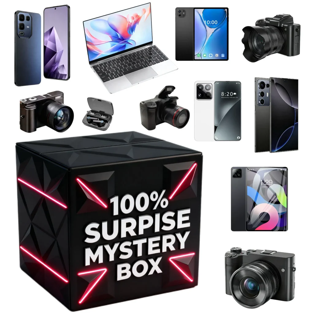 mystery box black neon phones cameras