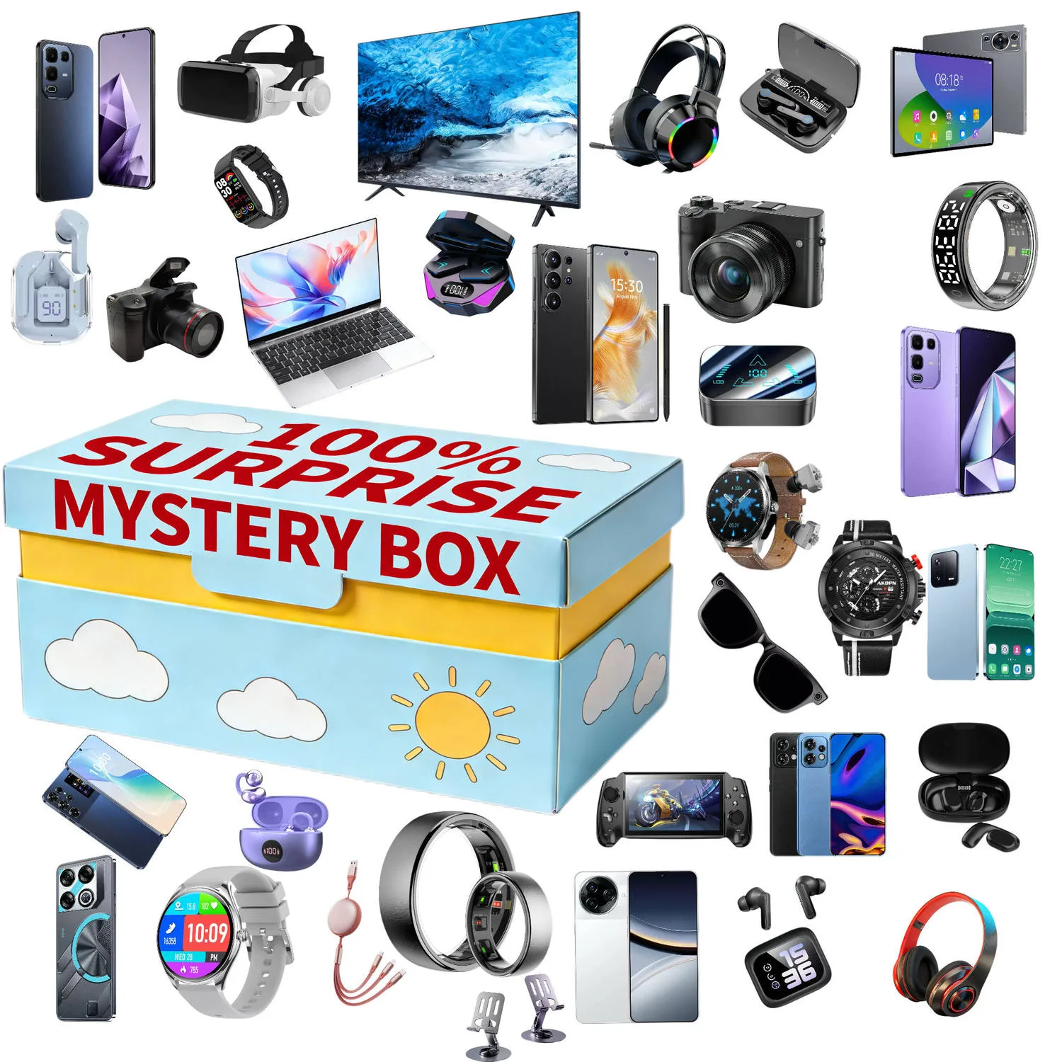 Blue mystery box carton with cloud pattern