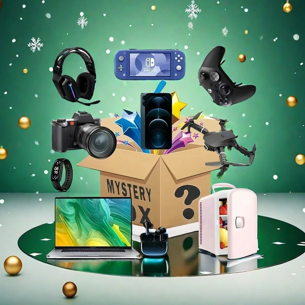 Mystery box with a camera and a console on a green background