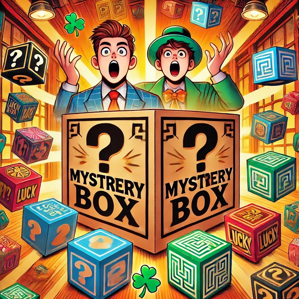 Cartoon men surprised by a mystery box