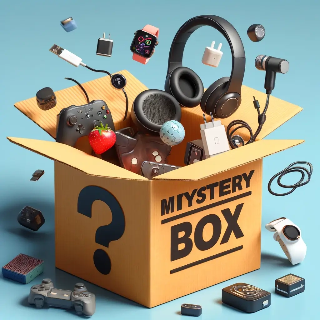 Open mystery box carton filled with loose electronics accessories