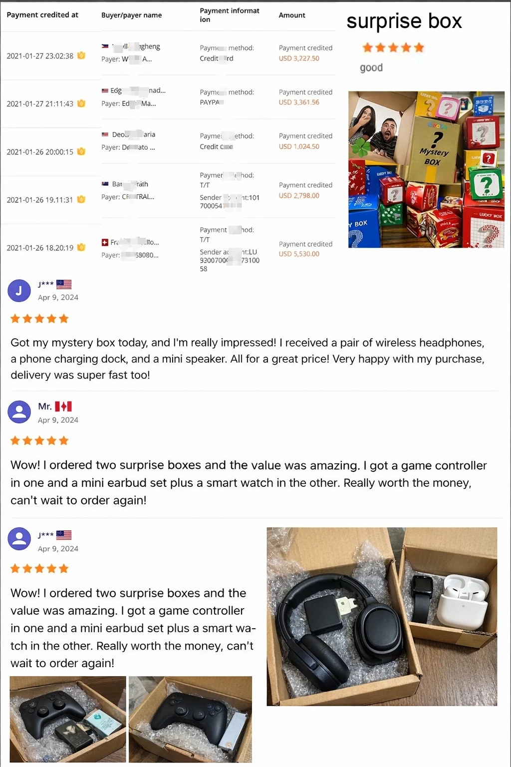Customer review cards for a mystery box