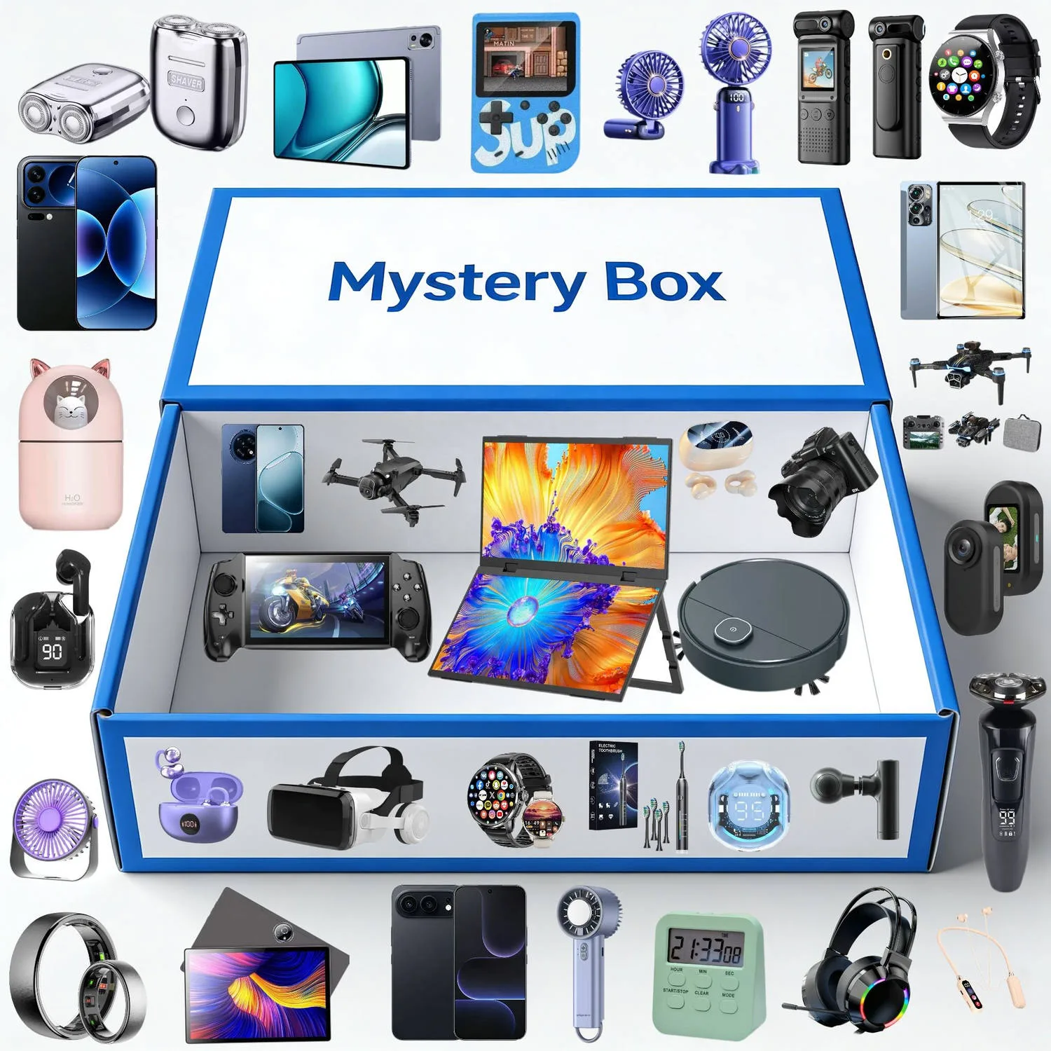 Display case of mystery box electronics