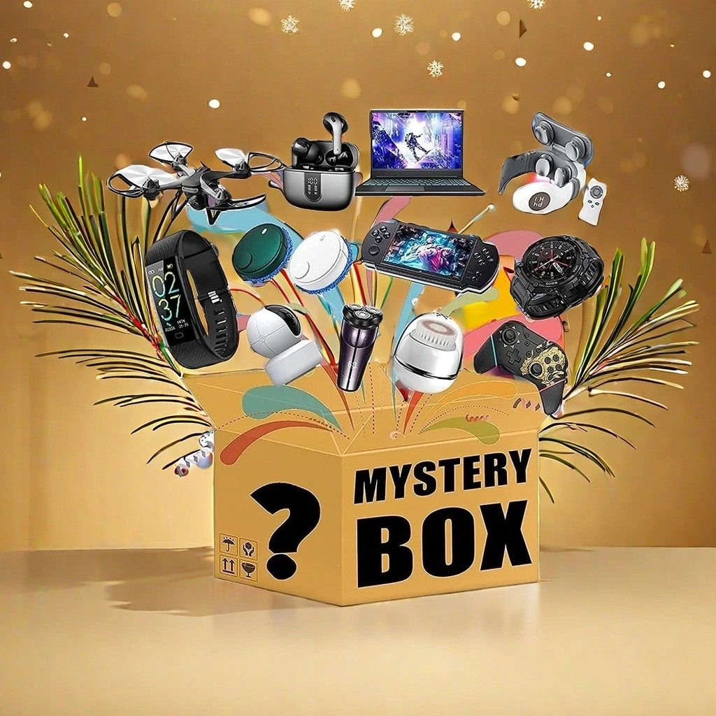 Mystery box with a drone against a green backdrop