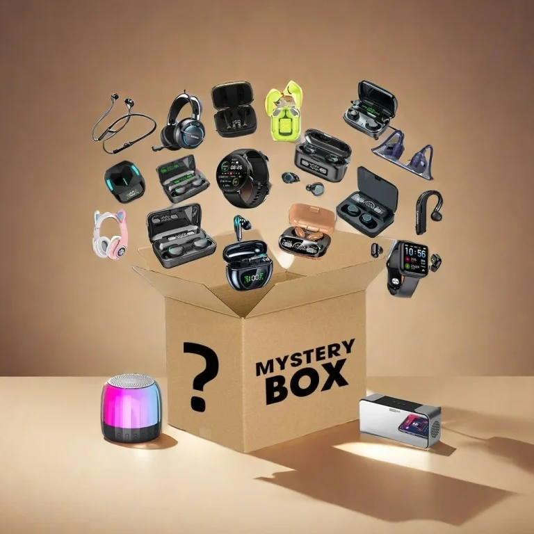Mystery box with earbuds and smartwatches on a plain beige background
