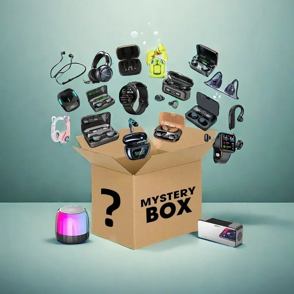 Mystery box contents laid out: earbuds, smartwatches and a speaker
