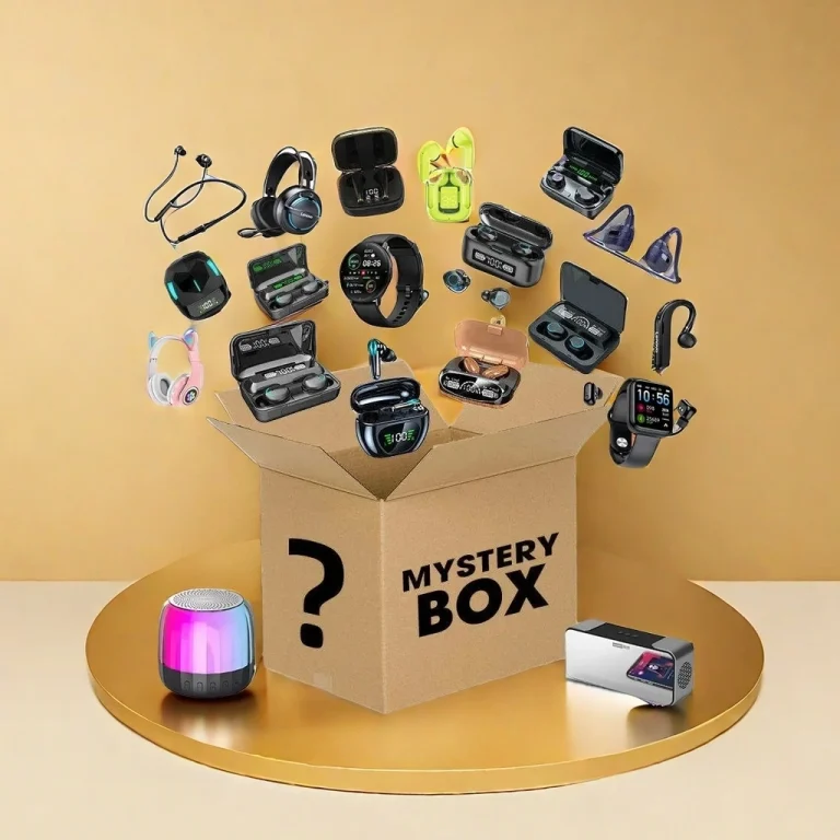 Mystery box on a podium with earbuds and smartwatches ready for testing