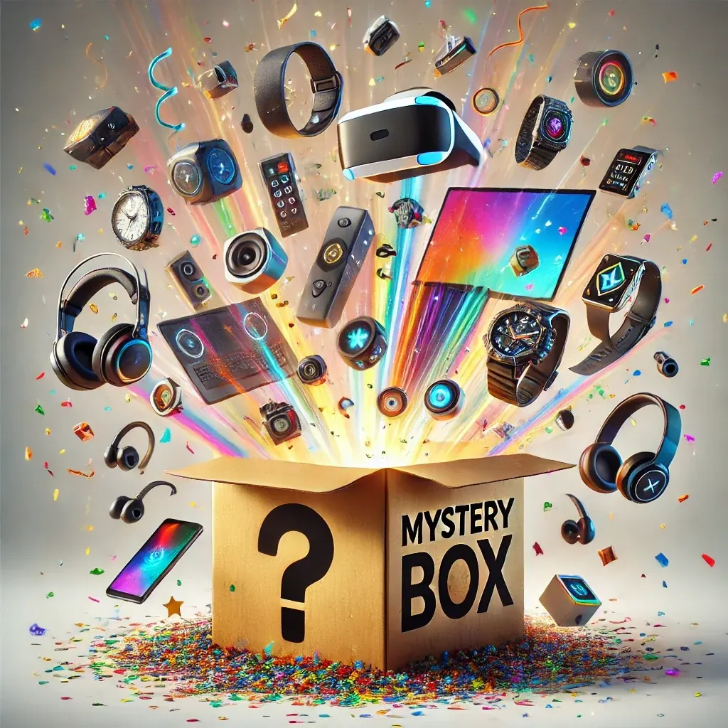 Kraft mystery box with several electronics items bursting out