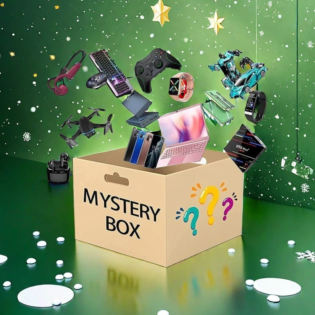 Mystery box gadgets on a green background