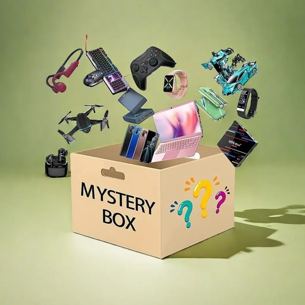 Mystery box with a laptop, drone, earbuds and smartwatch floating above it