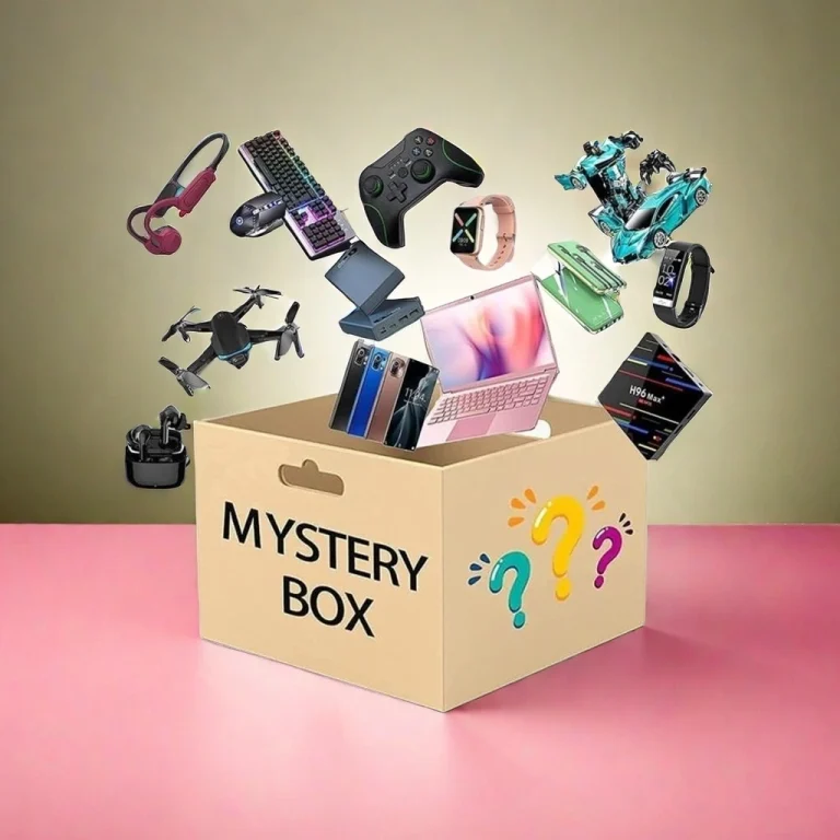 Mystery box with a laptop, drone, earbuds and smartwatch on a pink background