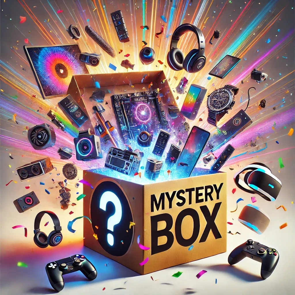 Gold mystery box bursting with electronics