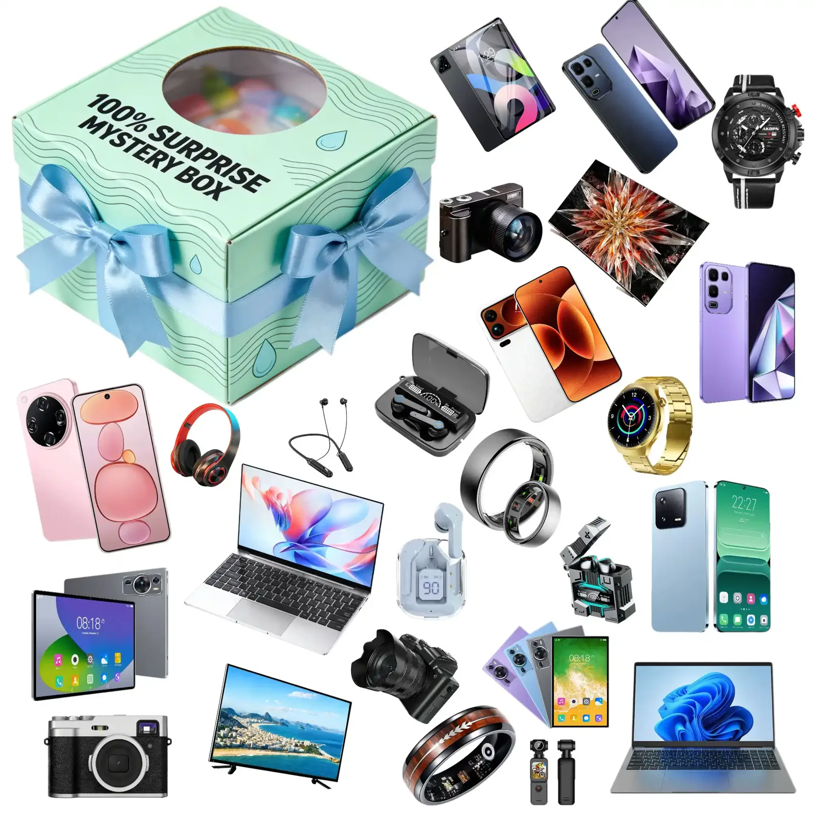 Mint green mystery box with a window showing electronics