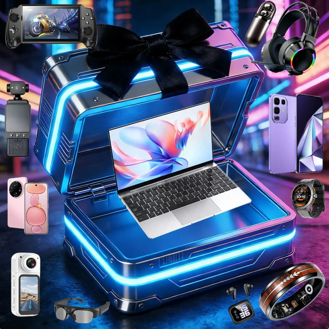 Neon mystery box case beside a laptop and tech accessories