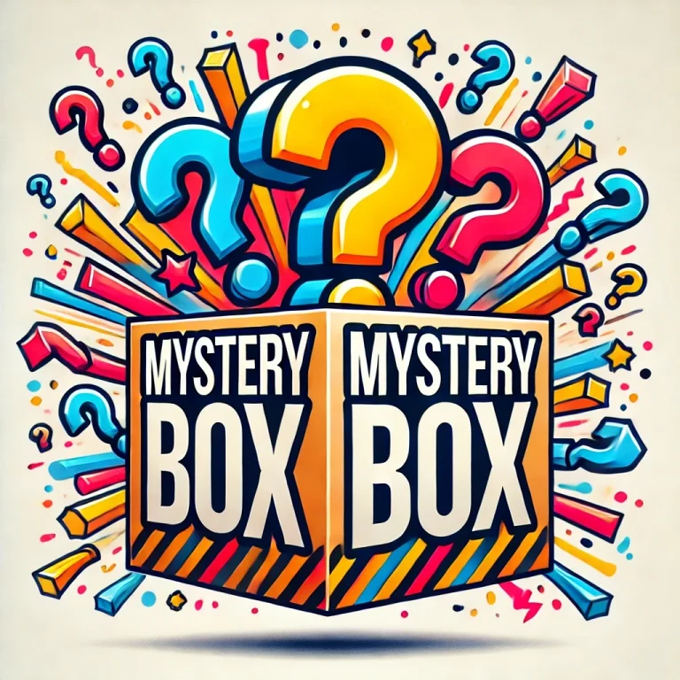 Mystery box illustration with an orange and blue burst, as styled in unboxing thumbnails