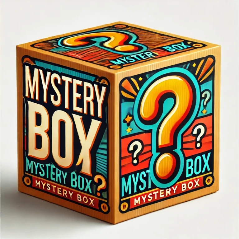 Orange and teal mystery box cube covered in question marks