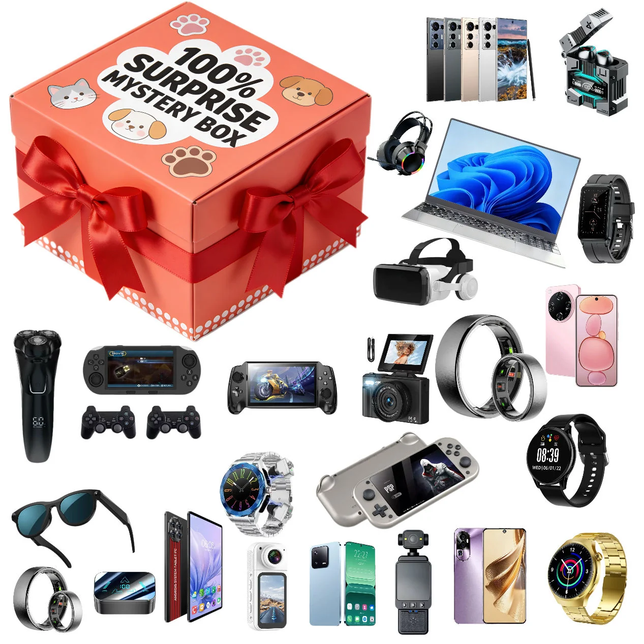 Mystery box with a paw print design and electronics